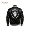 Las Vegas Raiders Black Satin Bomber Jacket – Unisex Varsity Football Jacket with Rib-Knit Trim, Soft Lining & Button Closure