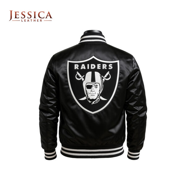 Las Vegas Raiders Black Satin Bomber Jacket – Unisex Varsity Football Jacket with Rib-Knit Trim, Soft Lining & Button Closure - Image 2