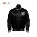 Las Vegas Raiders Black Satin Bomber Jacket – Unisex Varsity Football Jacket with Rib-Knit Trim, Soft Lining & Button Closure