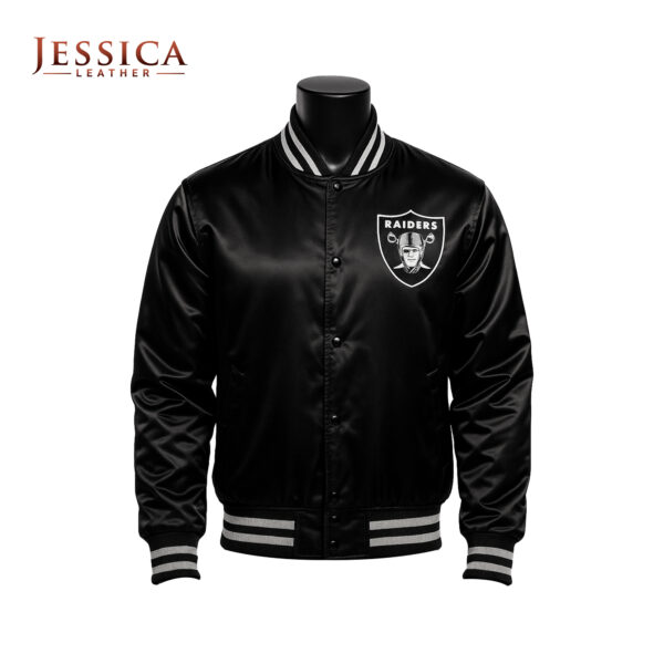 Las Vegas Raiders Black Satin Bomber Jacket – Unisex Varsity Football Jacket with Rib-Knit Trim, Soft Lining & Button Closure