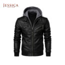 Men’s Black Leather Bomber Jacket with Hoodie