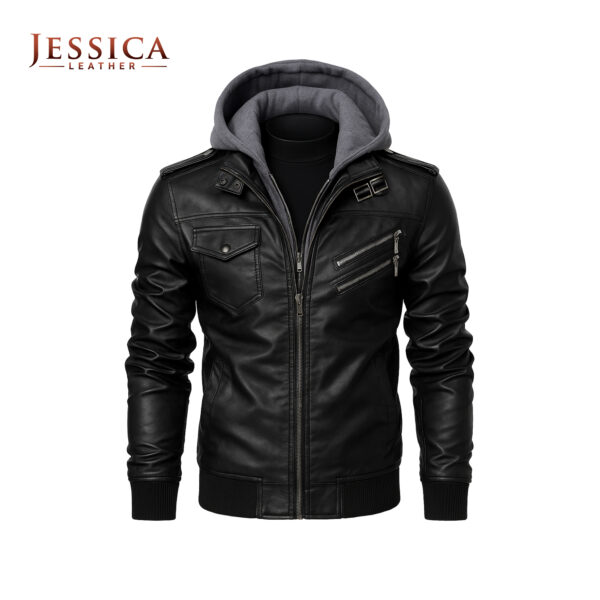 Men’s Black Leather Bomber Jacket with Hoodie