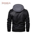 Men’s Black Leather Bomber Jacket with Hoodie