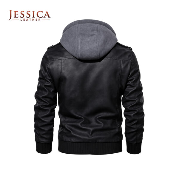 Men’s Black Leather Bomber Jacket with Hoodie - Image 2
